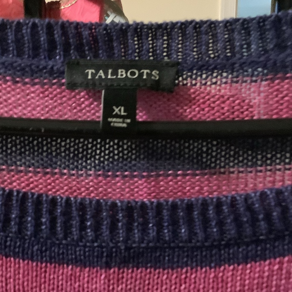 Talbots Vibrant Pink and Navy Striped Sweater, Linen, XL - Picture 2 of 9